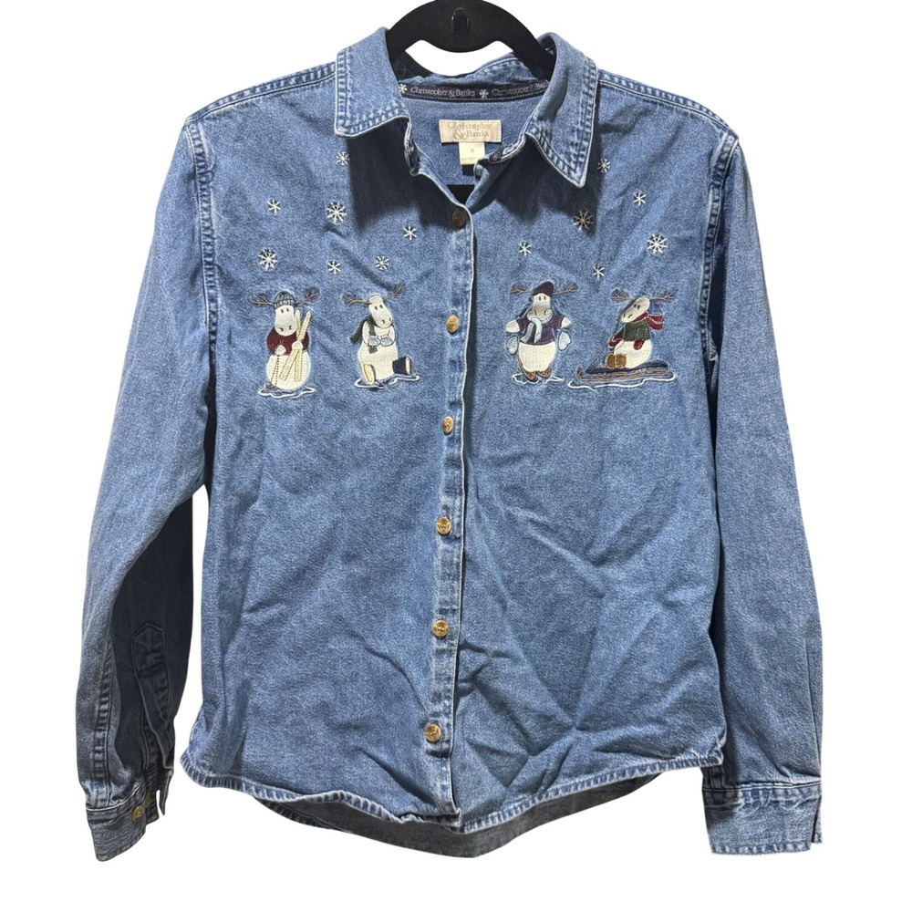 Vintage Y2K Christopher & Banks Denim Button Down Moose Snow Shirt winter small